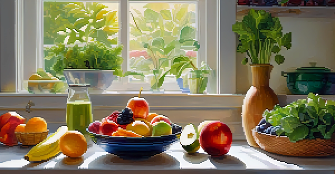 A colorful assortment of fresh fruits and vegetables on a wooden table in a bright kitchen, with sunlight illuminating the produce.