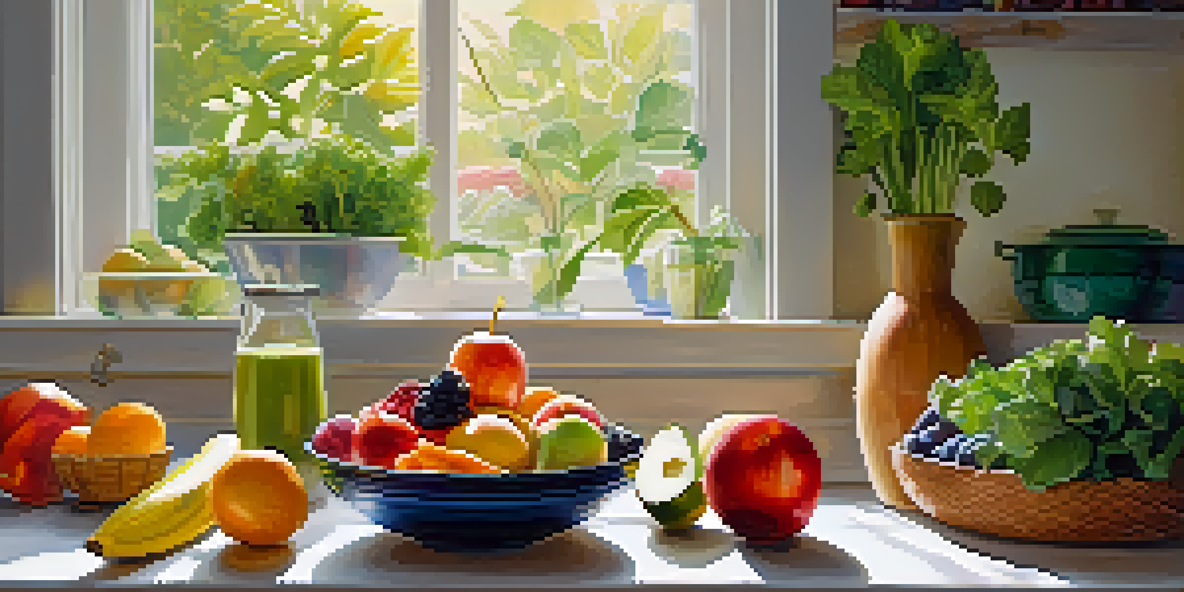 A colorful assortment of fresh fruits and vegetables on a wooden table in a bright kitchen, with sunlight illuminating the produce.