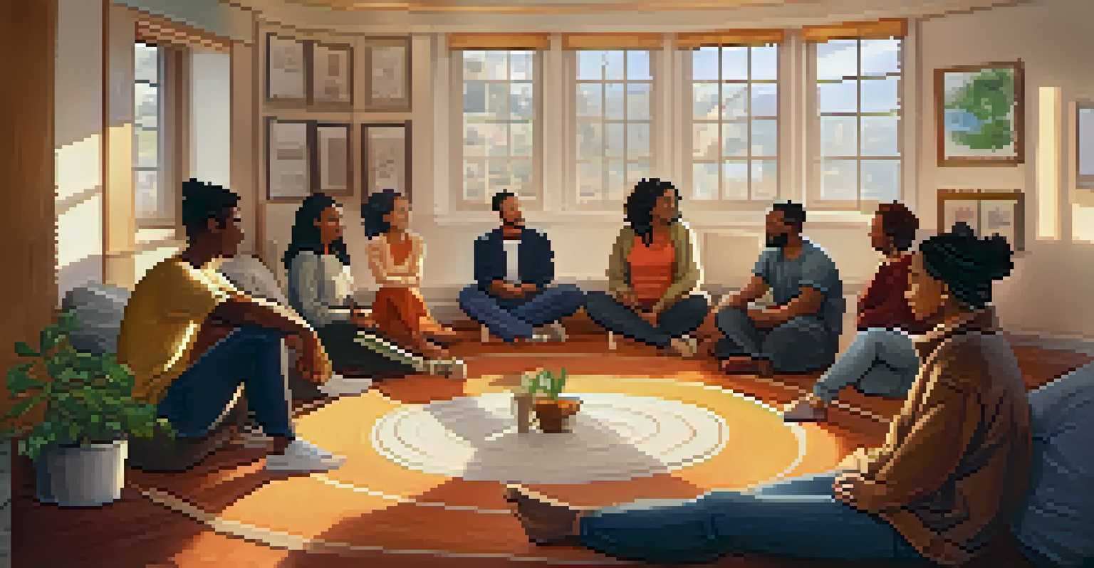 A group of diverse individuals sharing experiences in a cozy setting, focused on financial mindfulness.