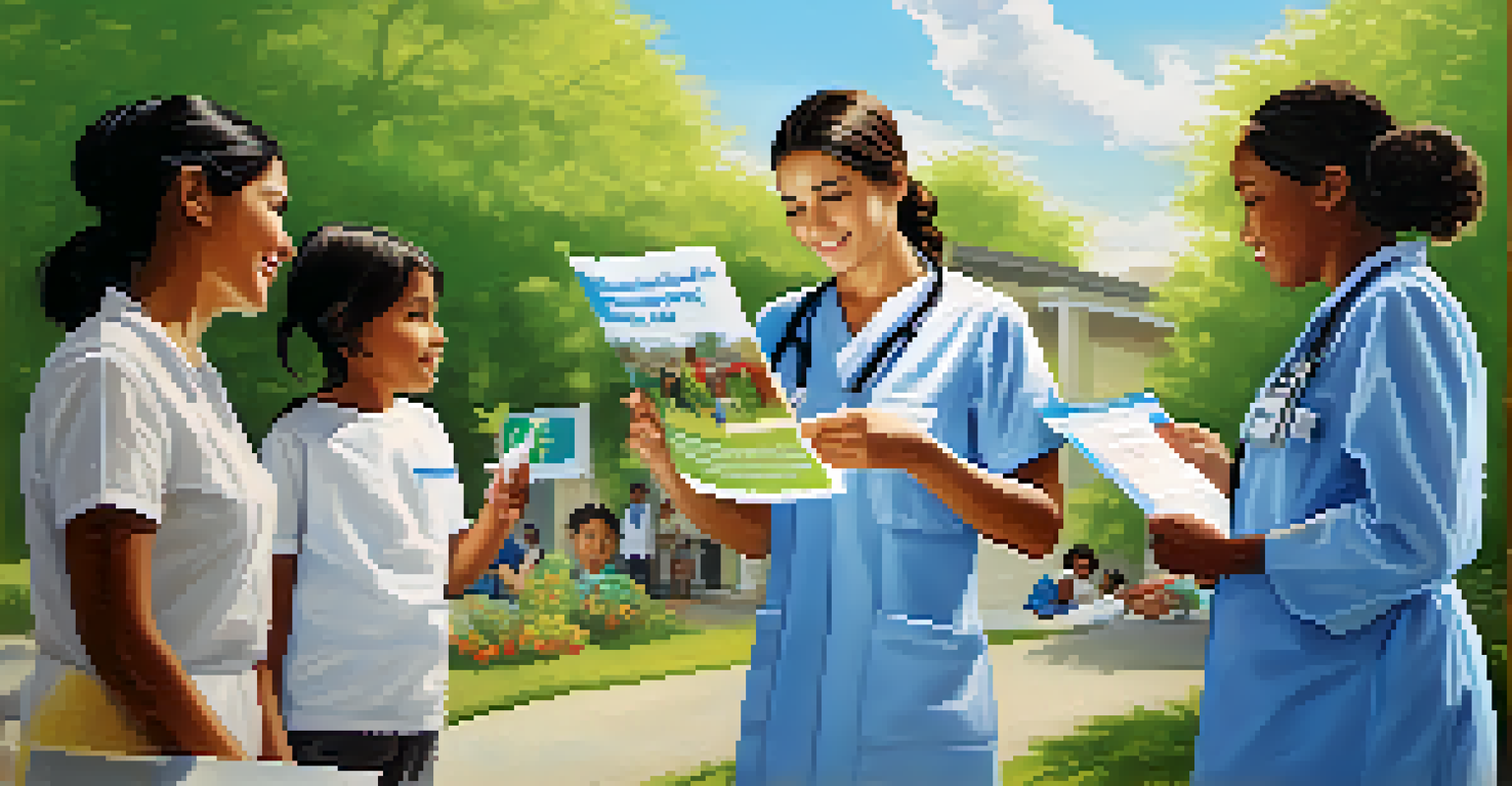 A healthcare worker explaining vaccination benefits to a family in a peaceful outdoor setting.