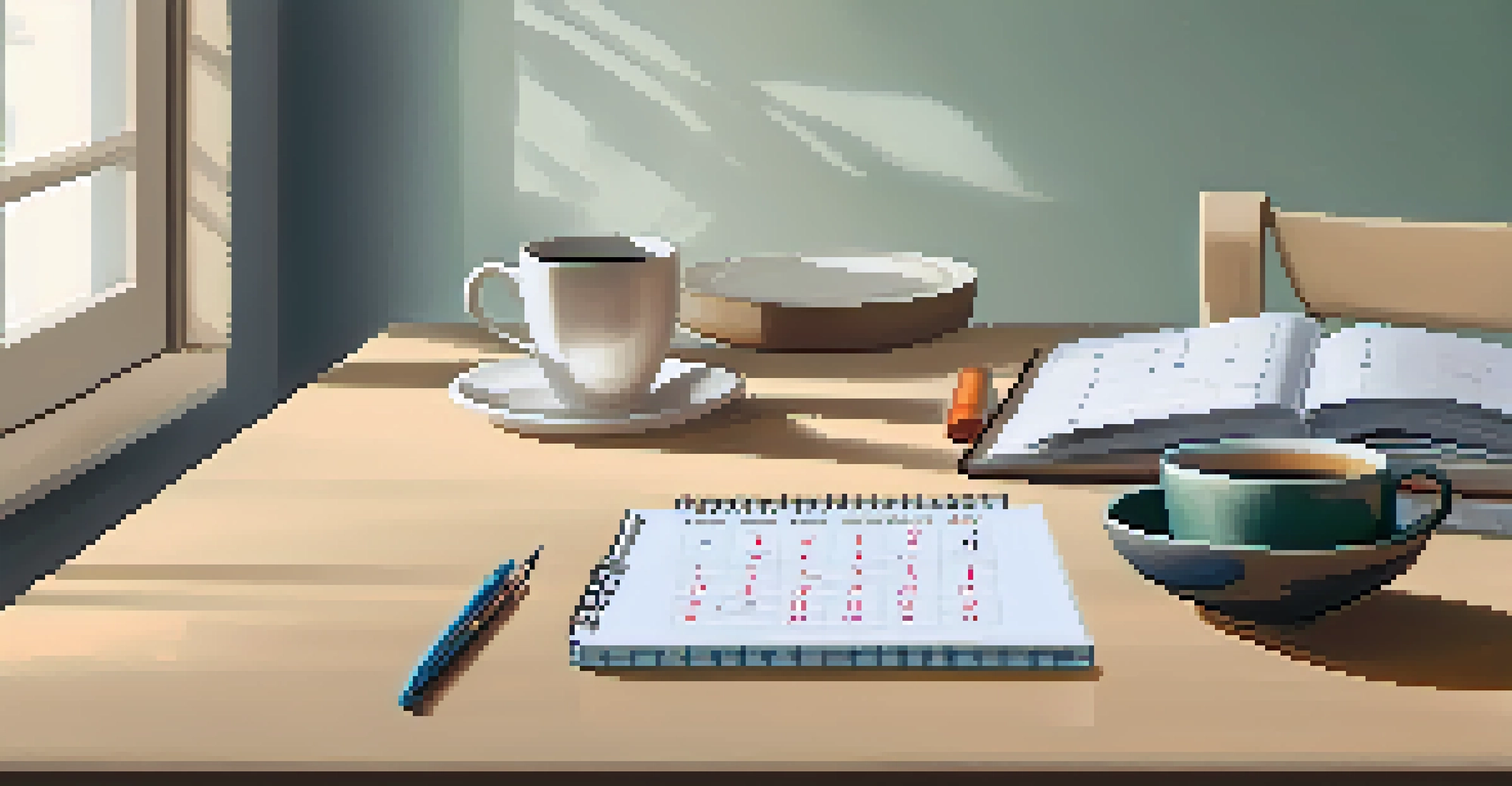 A calm desk scene with a marked calendar for a preventive check-up, a notebook, a healthy snack, and a cup of tea, emphasizing health prioritization.