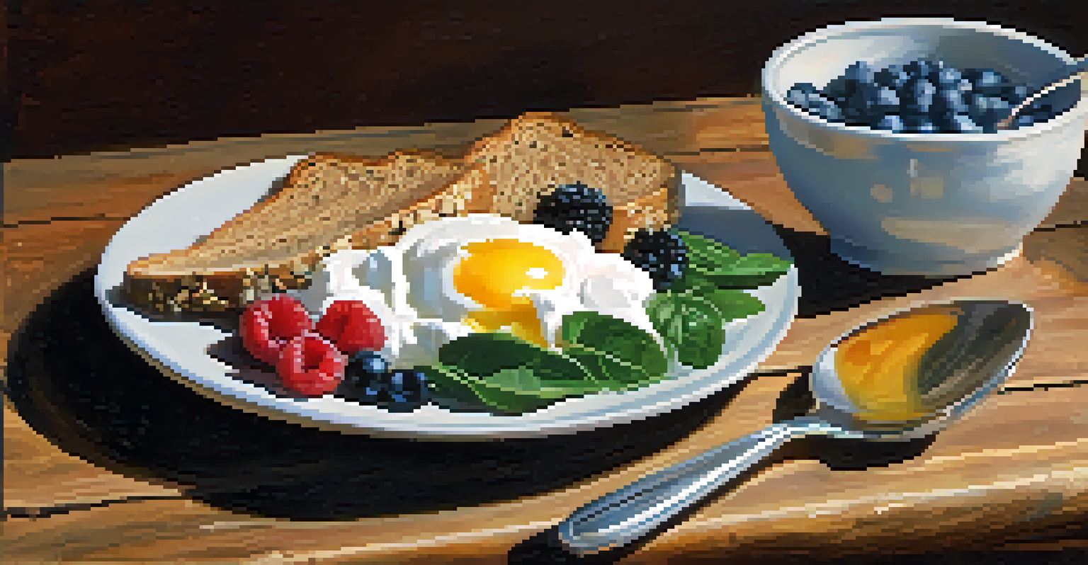 A rustic table set with a protein-packed breakfast including Greek yogurt with fruits, scrambled eggs with spinach, and whole-grain toast.