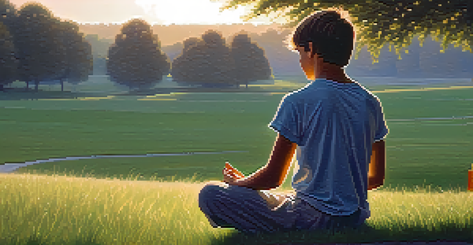 A young athlete sitting calmly on a grassy field, practicing mindfulness at sunrise.