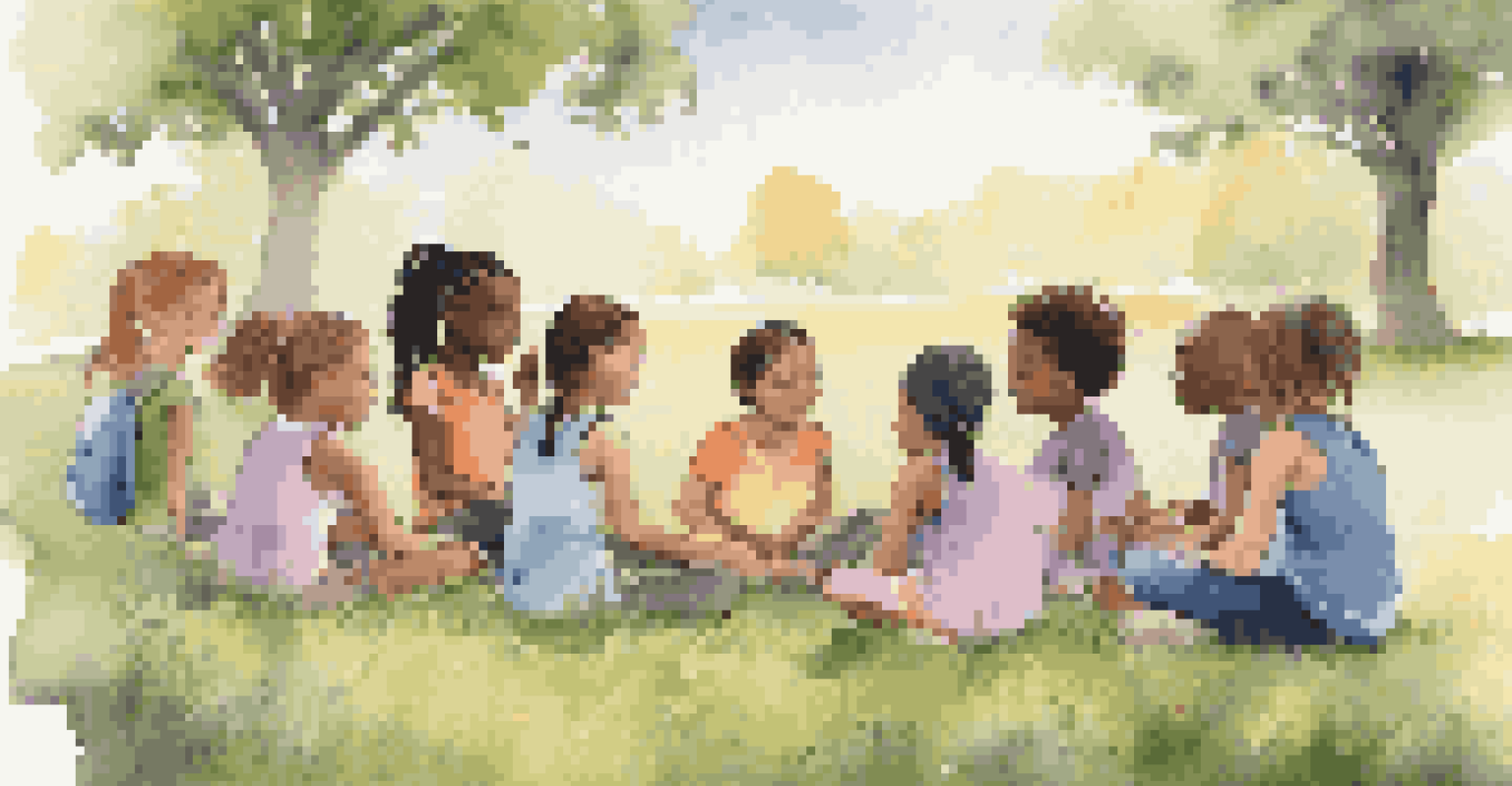 Diverse children practicing mindfulness in a circle outdoors, surrounded by nature, showing calmness and focus.