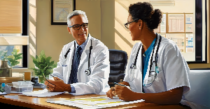 A healthcare provider explaining medical information to a patient using charts and diagrams in a bright and cozy office.