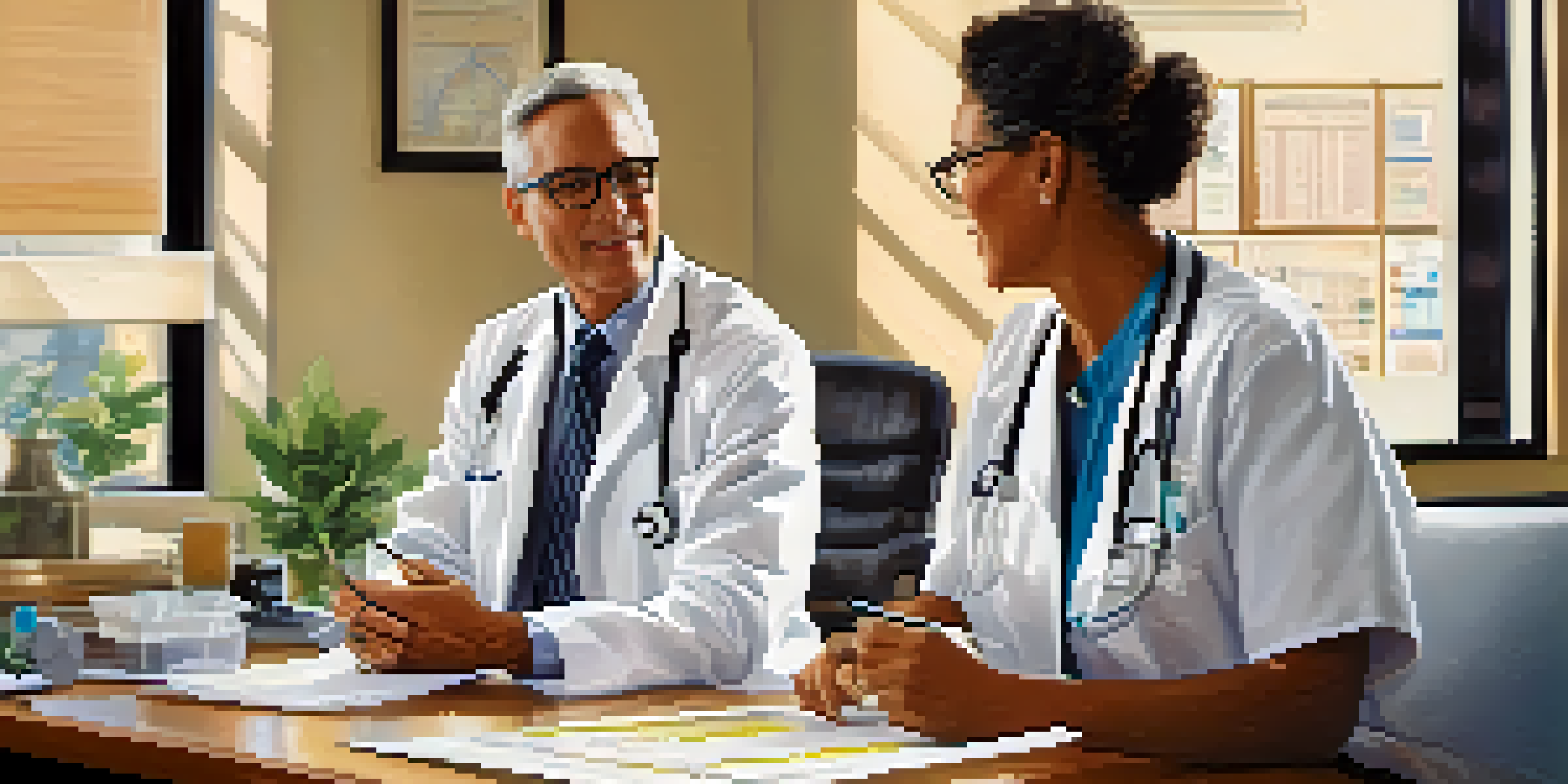 A healthcare provider explaining medical information to a patient using charts and diagrams in a bright and cozy office.