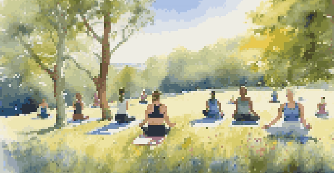 A group of diverse individuals practicing yoga on a grassy hill with wildflowers, surrounded by trees and a clear blue sky.