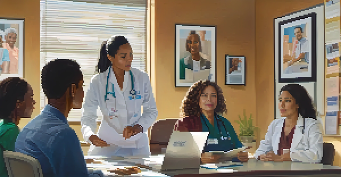 A healthcare provider listens to a Hispanic woman through an interpreter in a bright office decorated with cultural awareness posters.