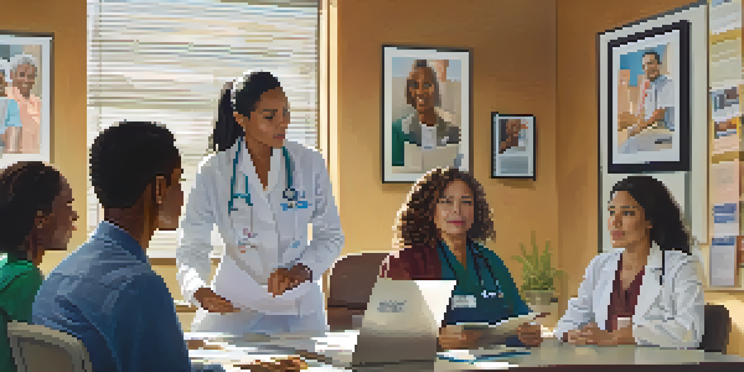 A healthcare provider listens to a Hispanic woman through an interpreter in a bright office decorated with cultural awareness posters.
