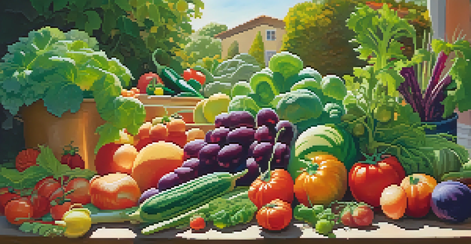 A colorful garden with fruits and vegetables, representing gut health, illuminated by sunlight.