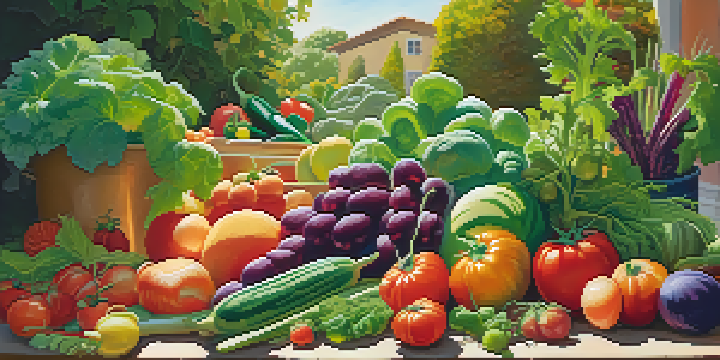 A colorful garden with fruits and vegetables, representing gut health, illuminated by sunlight.