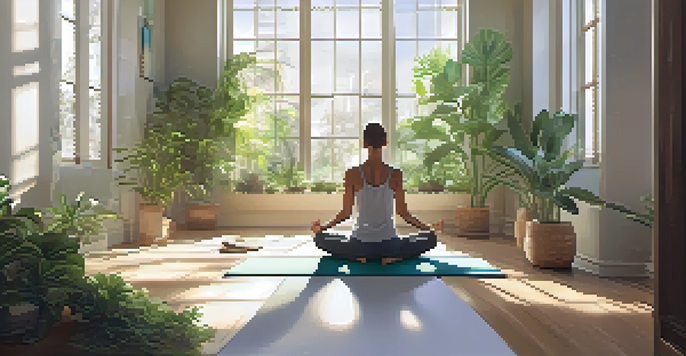 A person meditating in a sunlit room surrounded by plants, creating a peaceful atmosphere.