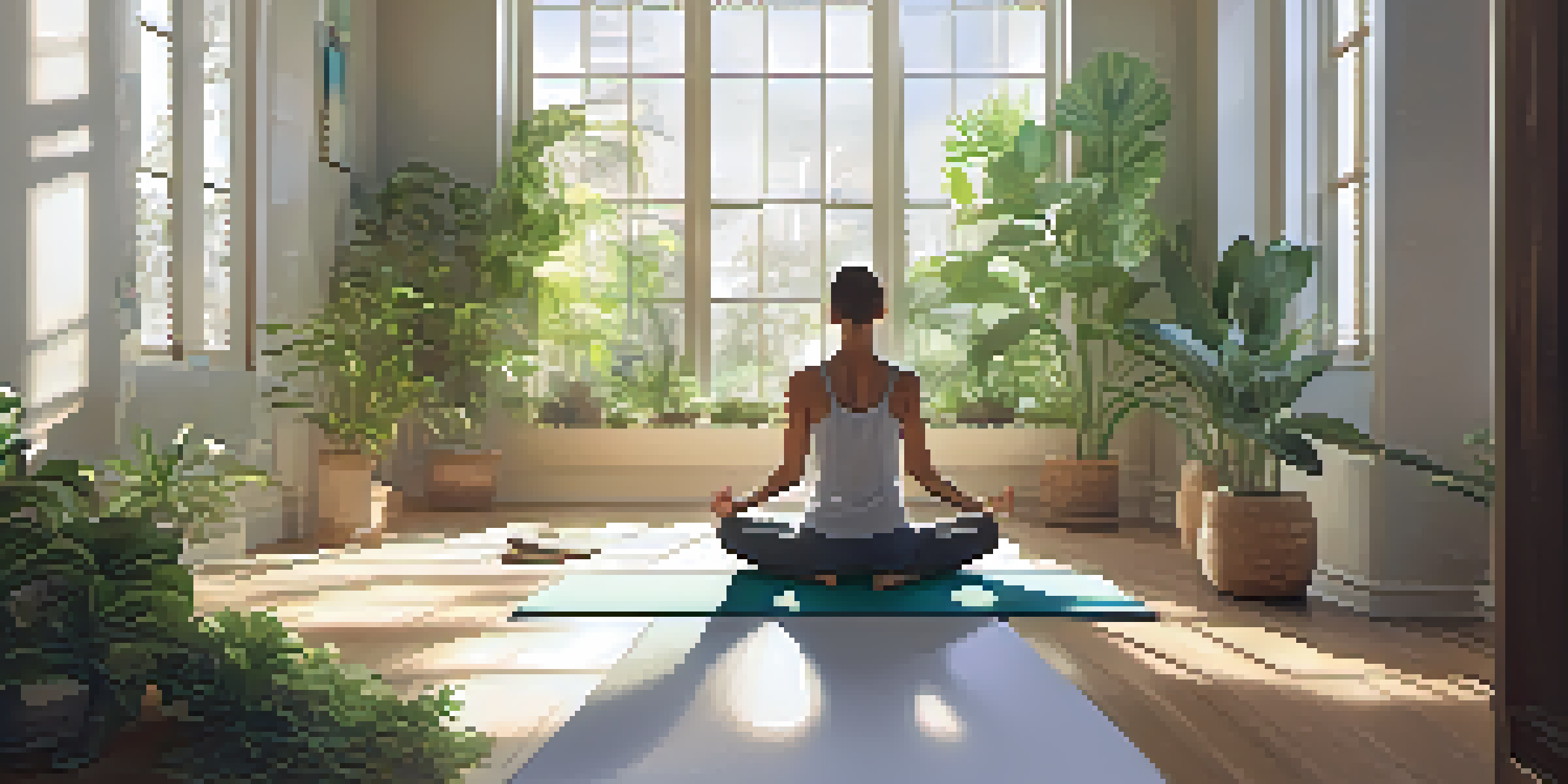 A person meditating in a sunlit room surrounded by plants, creating a peaceful atmosphere.