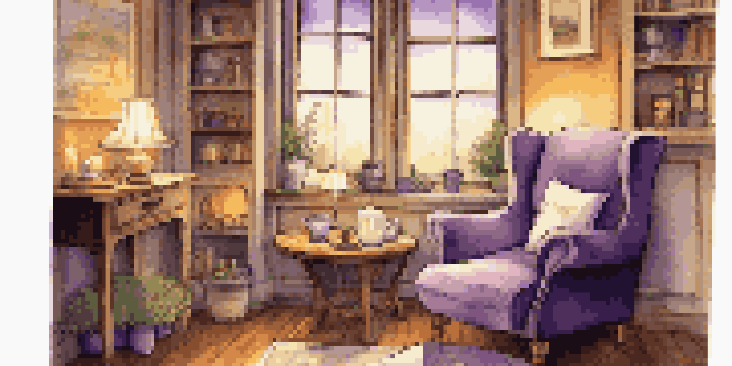 A warmly lit room with an armchair, a cup of tea, an open book, and flickering candles, creating a relaxing evening atmosphere.