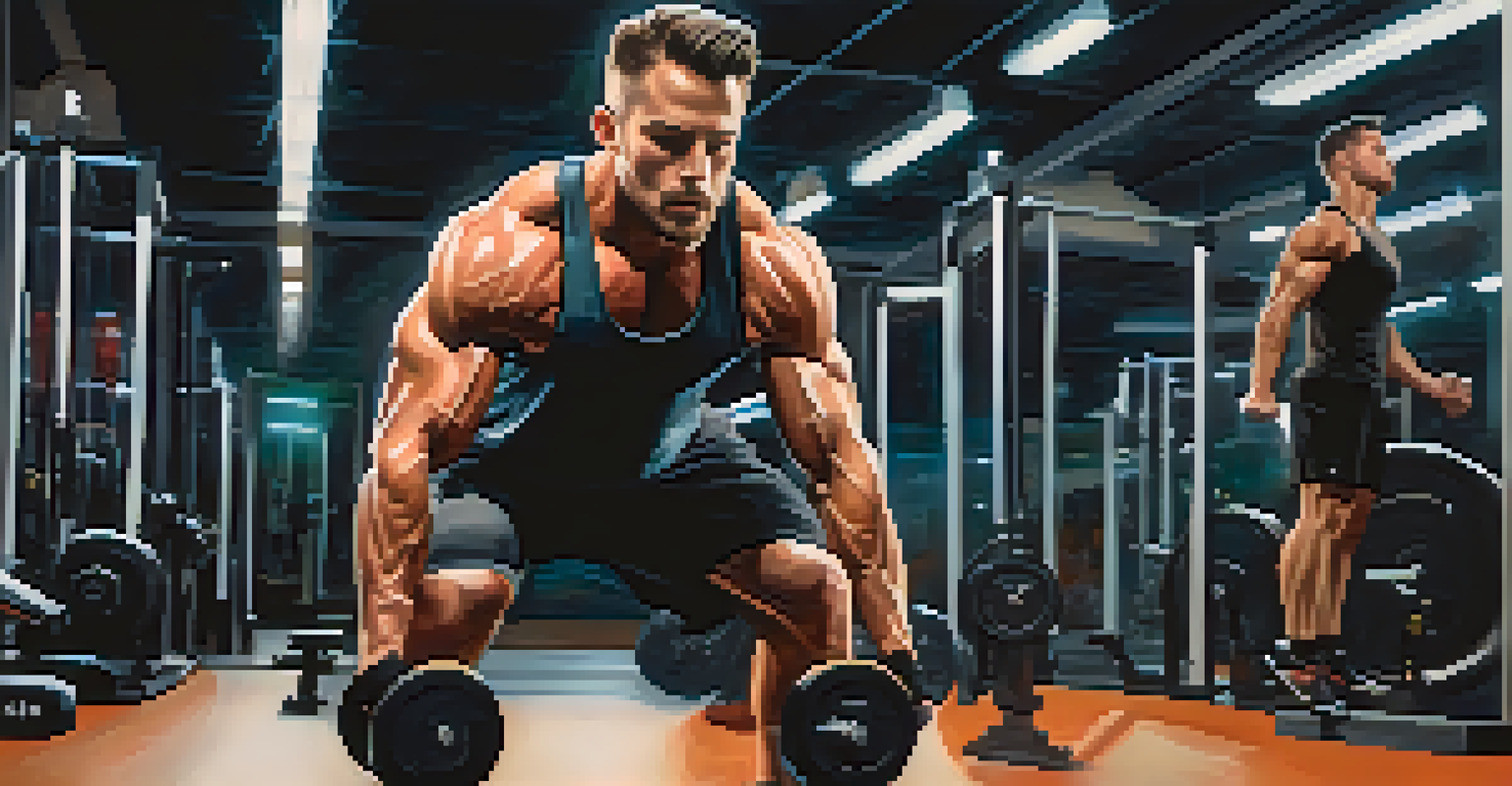 A man lifting weights in a gym, displaying determination and energy during a strength training session.