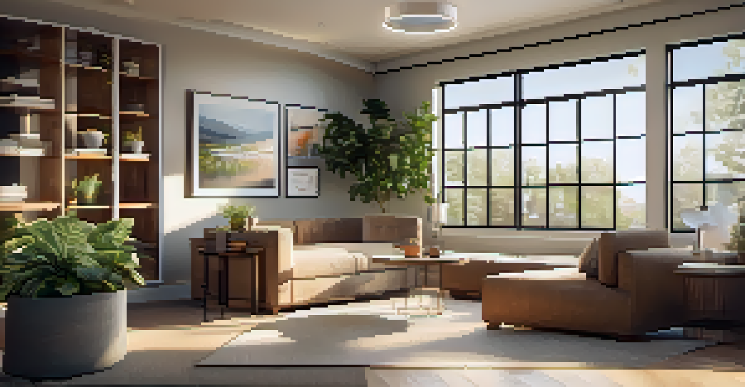 A modern office relaxation corner with soft seating, plants, and warm colors, illuminated by sunlight.