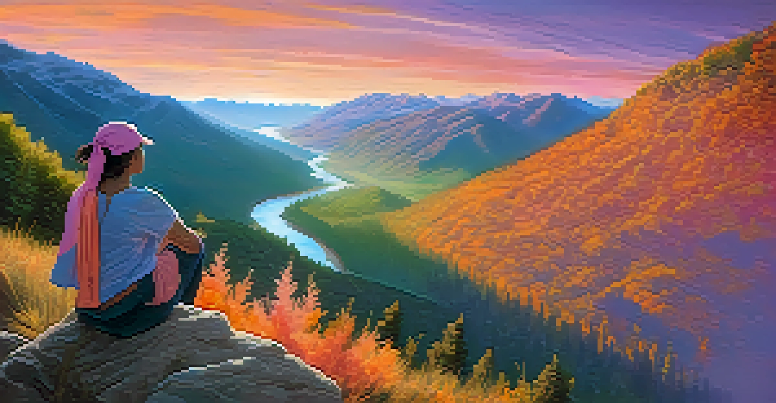 A person standing on a mountaintop at sunrise, looking empowered against a colorful sky and a valley below.
