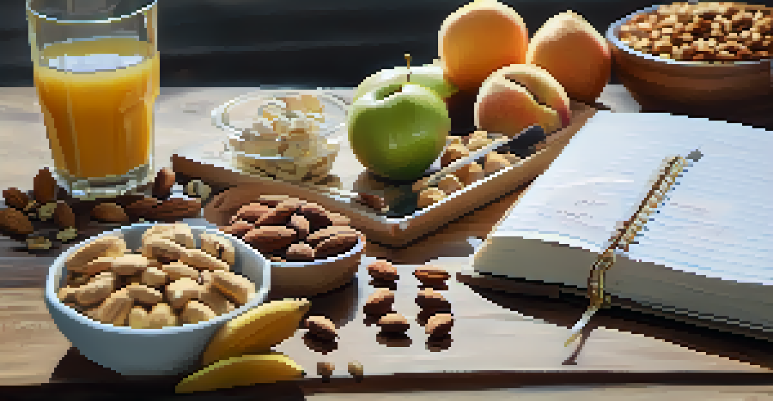 An open notebook with handwritten notes on nutritional health, surrounded by healthy snacks and a glass of water on a wooden desk.