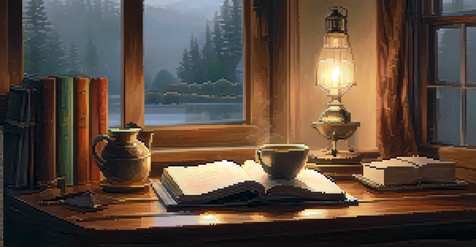 A person journaling at a wooden desk in a cozy room, with a cup of tea and warm lighting creating a peaceful atmosphere.