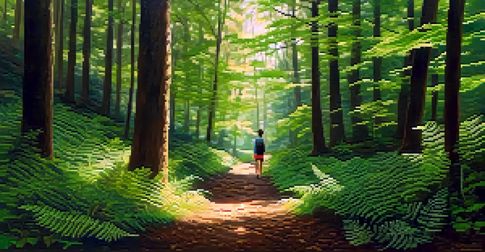 A person walking mindfully on a forest trail, surrounded by trees and greenery, with sunlight filtering through the leaves.