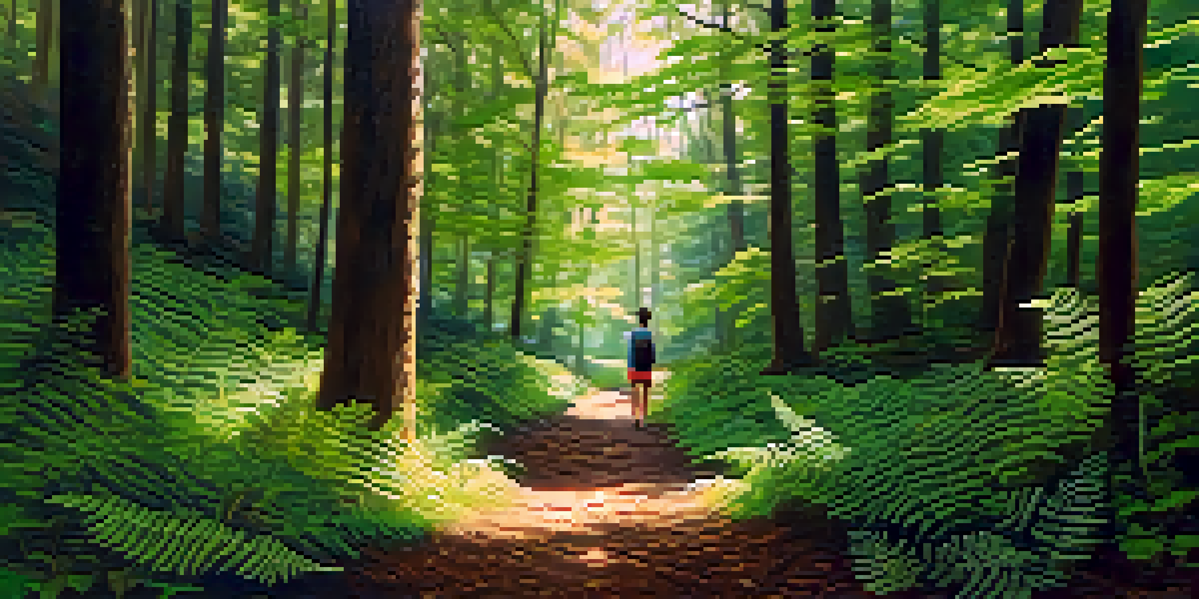 A person walking mindfully on a forest trail, surrounded by trees and greenery, with sunlight filtering through the leaves.