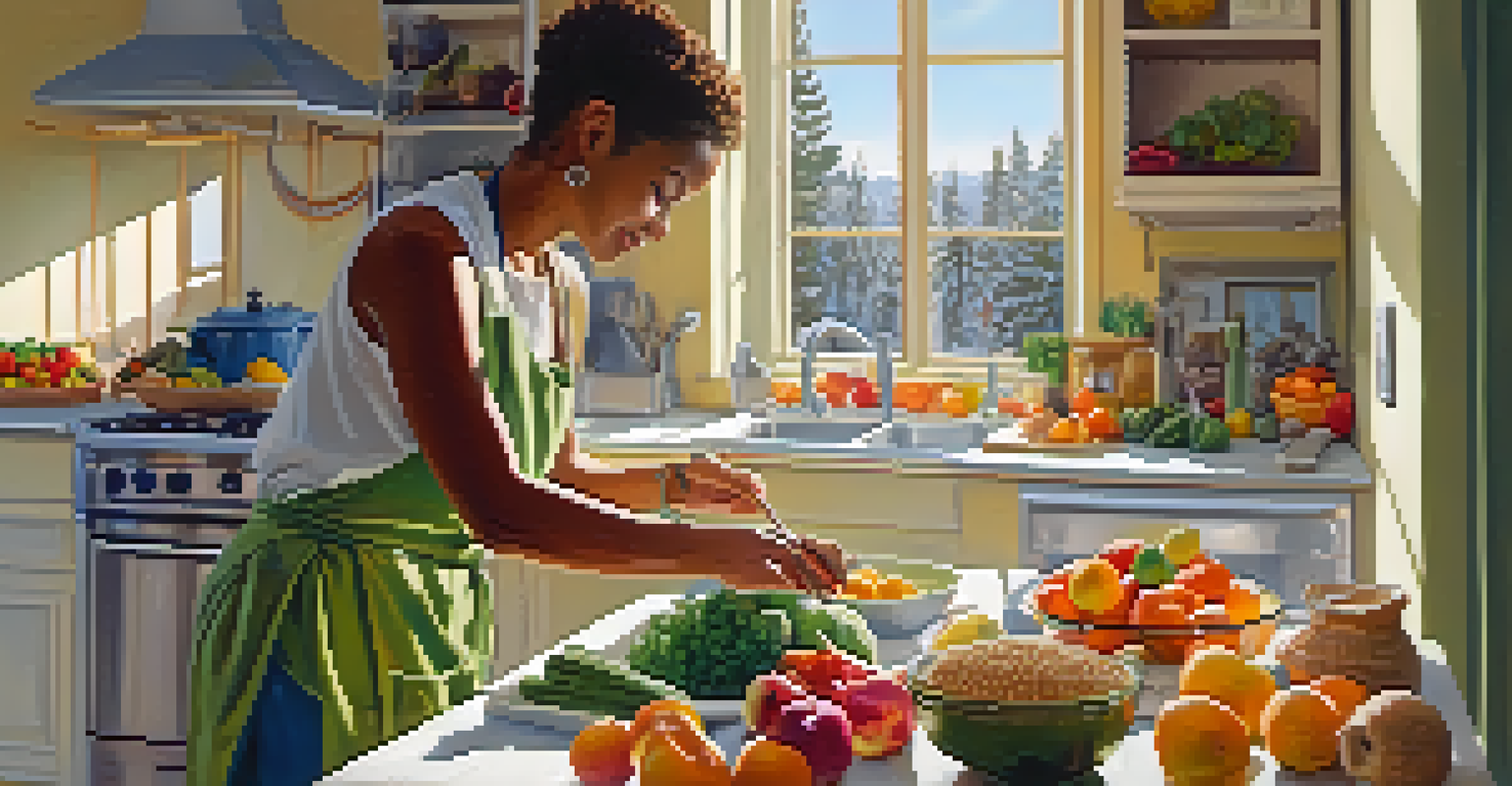 A person happily preparing a healthy meal in a bright kitchen filled with fresh ingredients.