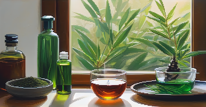 An indoor diffuser releasing mist, surrounded by green leaves and essential oil bottles, creating a cozy atmosphere.