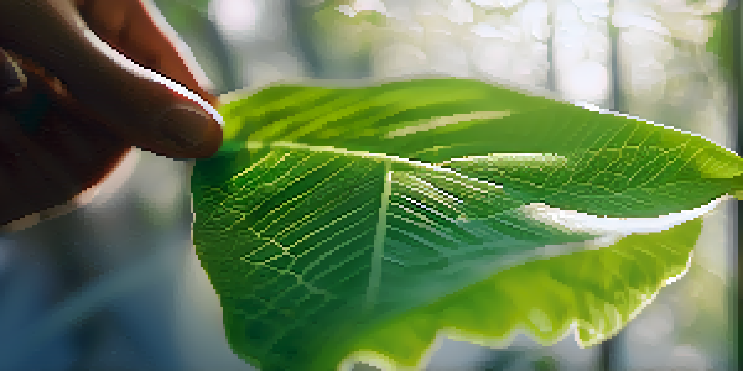 A hand holding a green leaf with sunlight filtering through the trees, creating soft shadows.