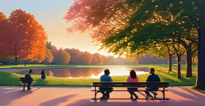 A peaceful park with people sitting on benches during sunset, surrounded by trees and a pond.