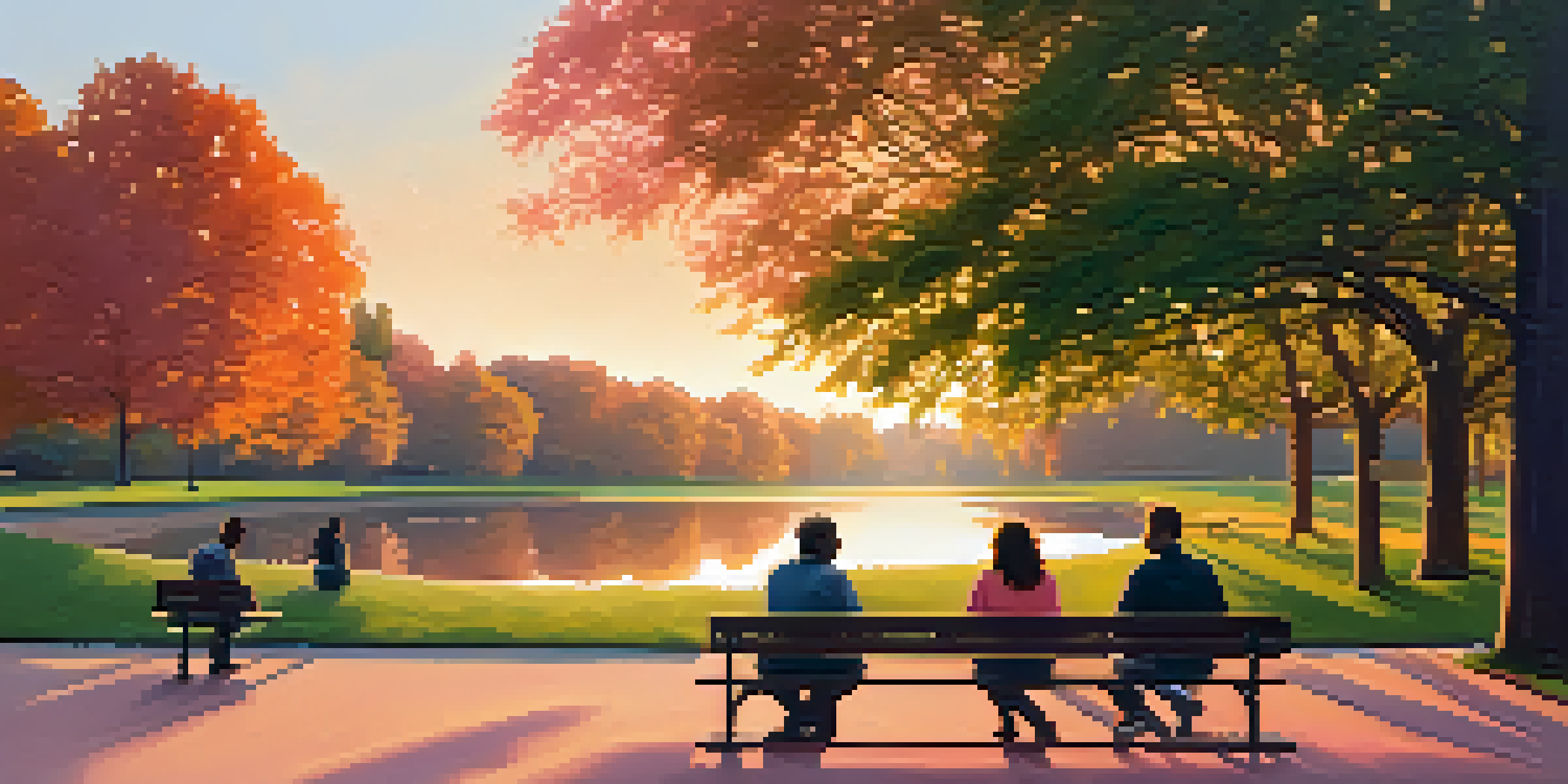 A peaceful park with people sitting on benches during sunset, surrounded by trees and a pond.