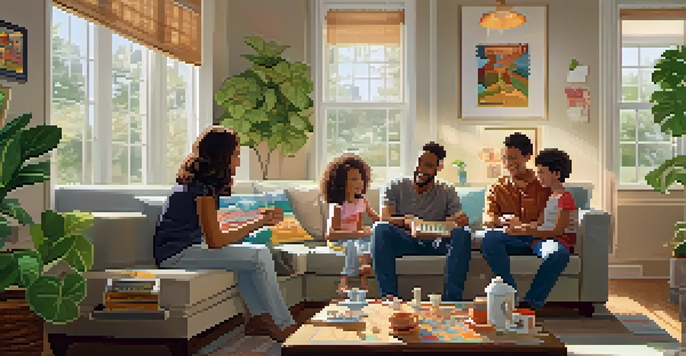 A family of four playing a board game in their cozy living room with sunlight streaming in.