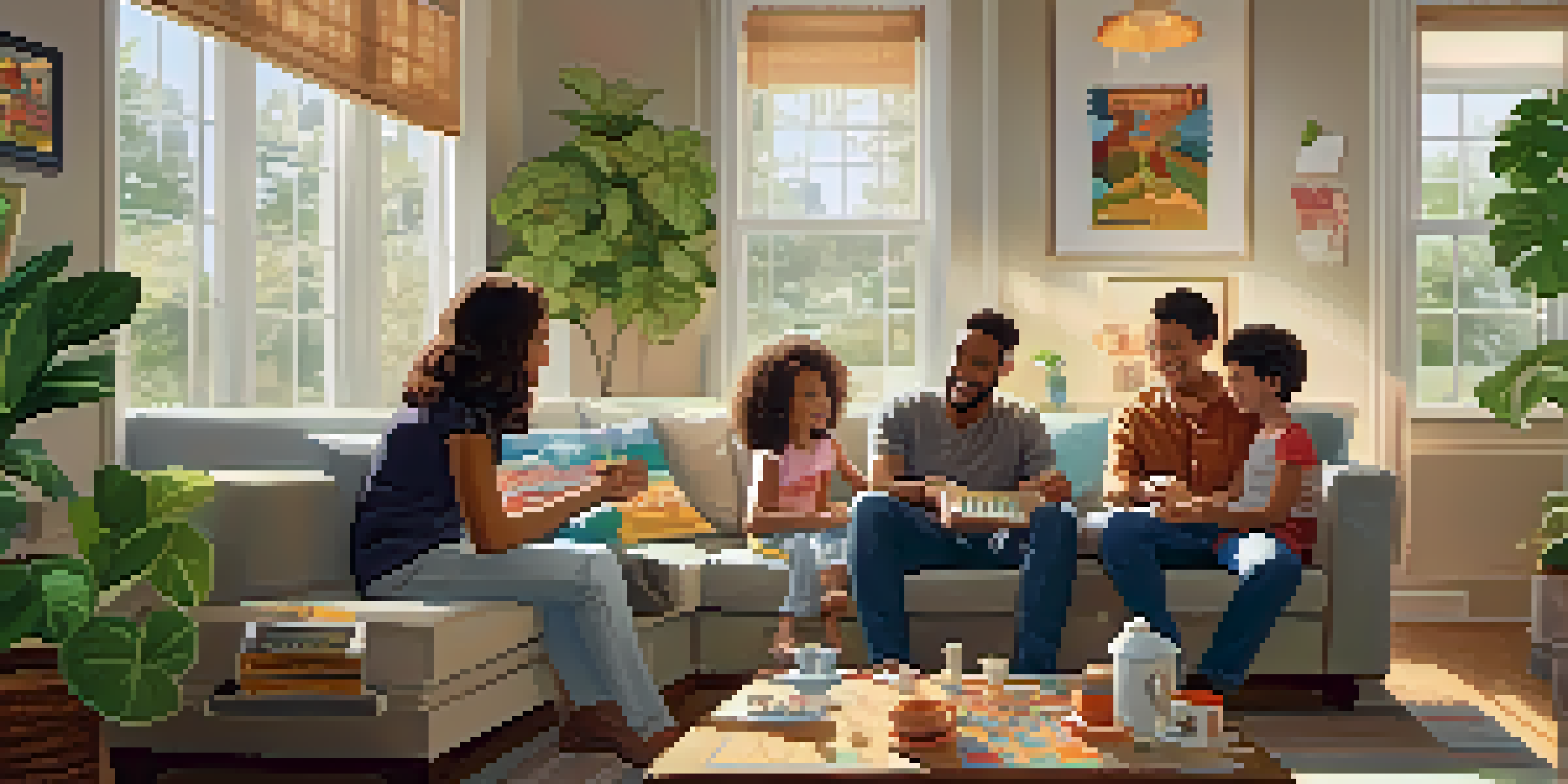 A family of four playing a board game in their cozy living room with sunlight streaming in.