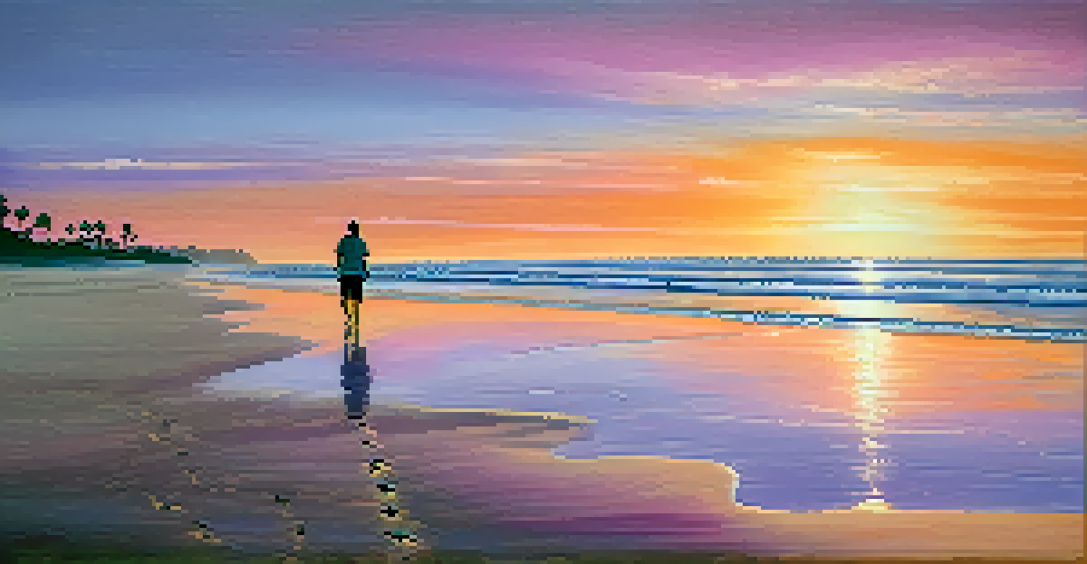 A person walking on the beach at sunset, with colorful skies and calm waves, evoking a sense of peace.