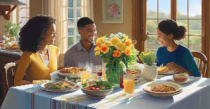 A family gathered around a beautifully set dining table, enjoying a meal together in a warm and inviting setting.