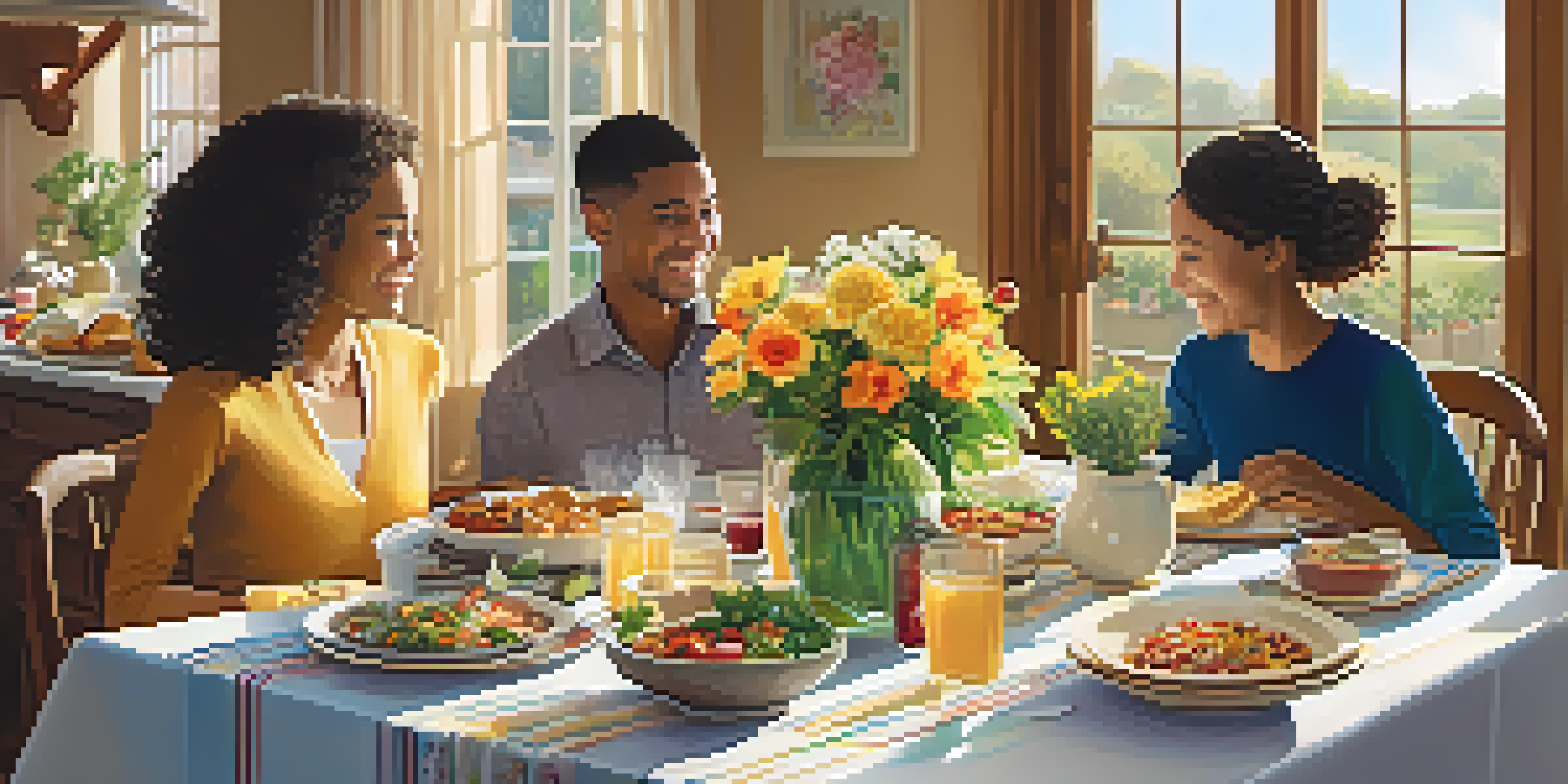 A family gathered around a beautifully set dining table, enjoying a meal together in a warm and inviting setting.