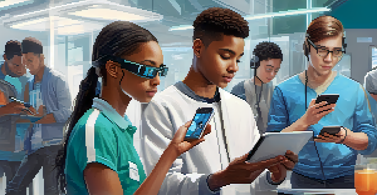 A young person using a tablet for a health app, with others using virtual reality gear and smartphones in a bright, modern setting.