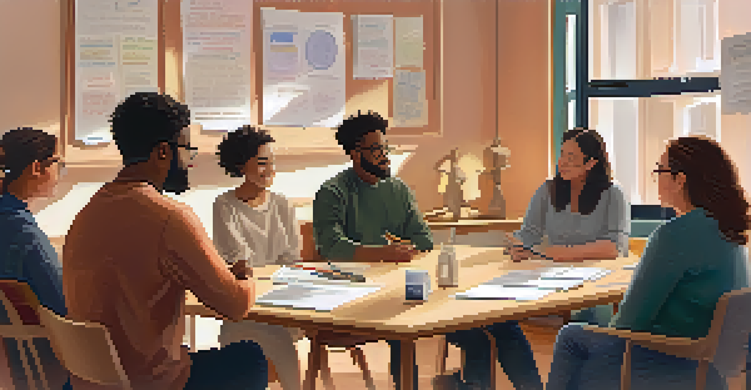 A small group of people engaged in a mental health workshop, surrounded by cozy furniture and a whiteboard with key discussion points.