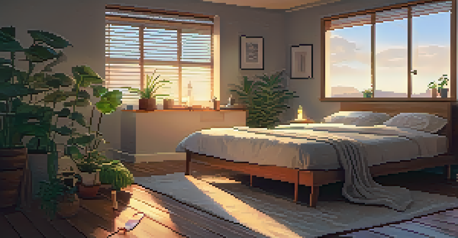 A peaceful bedroom with a person practicing gentle yoga on a mat, surrounded by soft lighting and candles, creating a calm bedtime atmosphere.