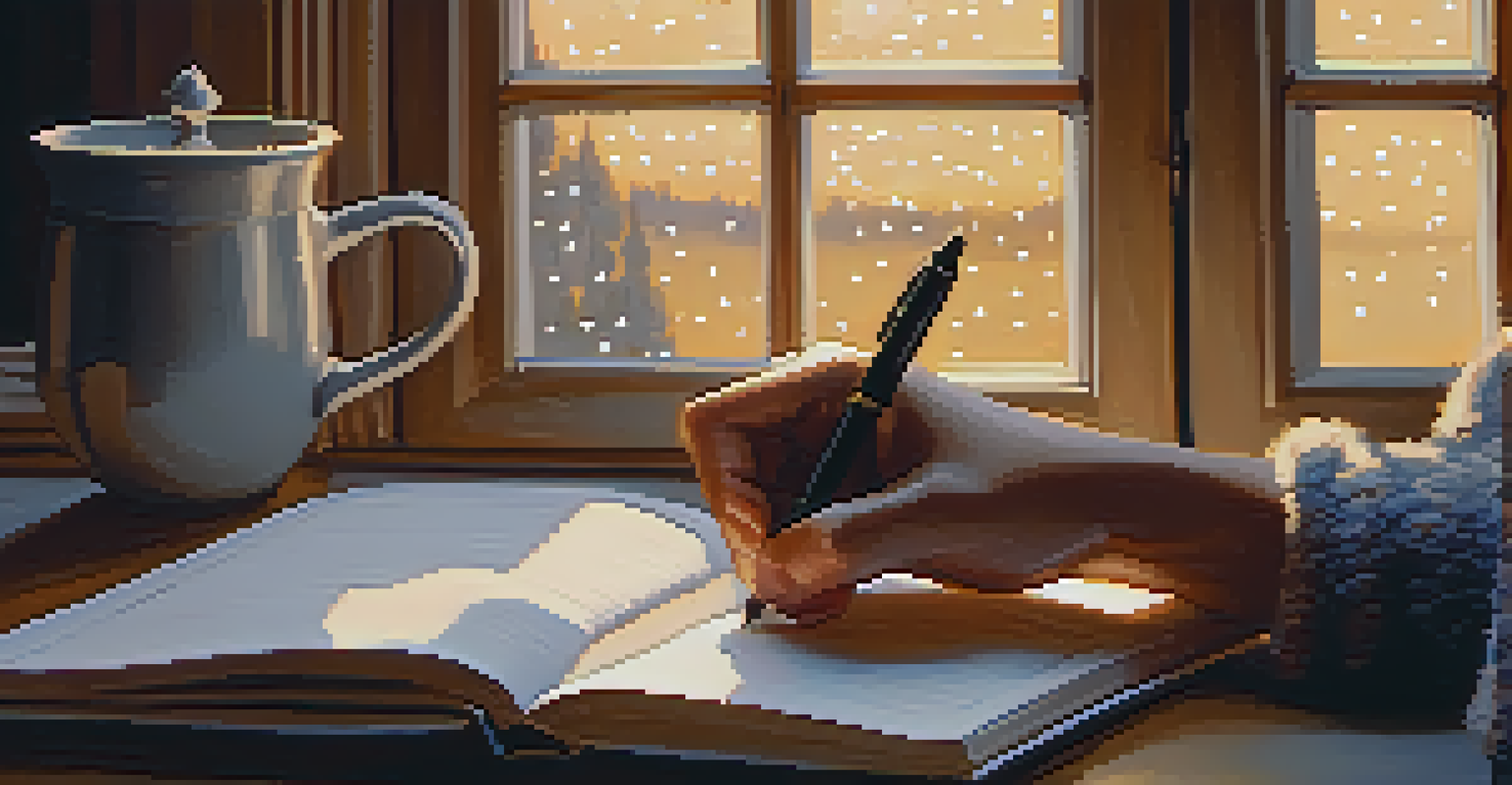 A close-up of a person writing in a journal with a pen, surrounded by a blanket and a cup of tea, with a starry night sky visible through the window.