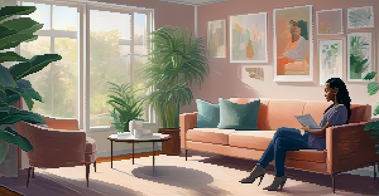 A woman in a therapy session sitting on a couch, speaking with a therapist in a warm and supportive indoor environment.