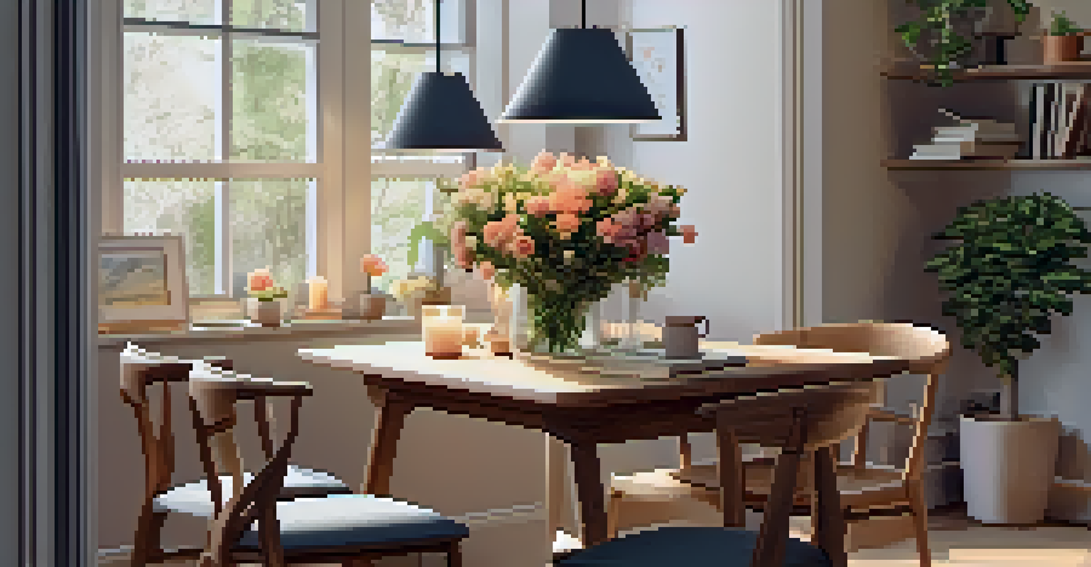 A warm and inviting dining area showcasing a tech-free zone with flowers and a journal on the table.