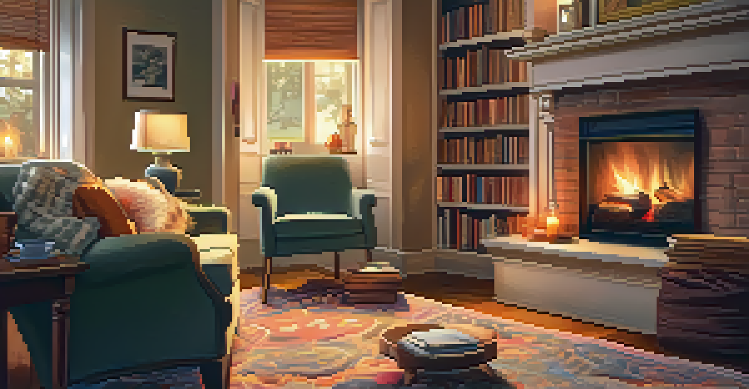 An older adult reading a book by a fireplace in a cozy living room, surrounded by family photos.