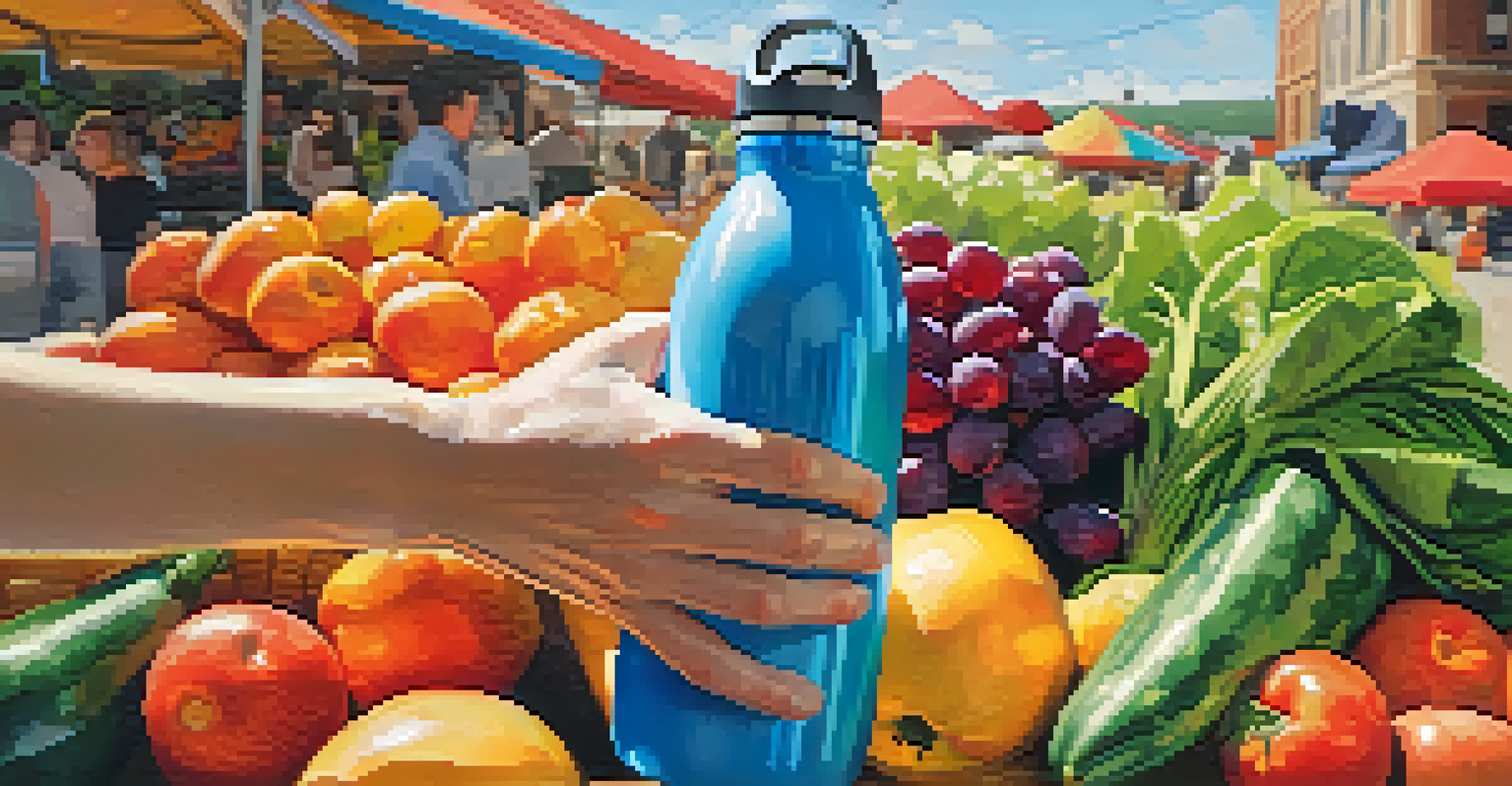 Close-up of hands holding a reusable water bottle at a colorful farmer's market with fresh produce.
