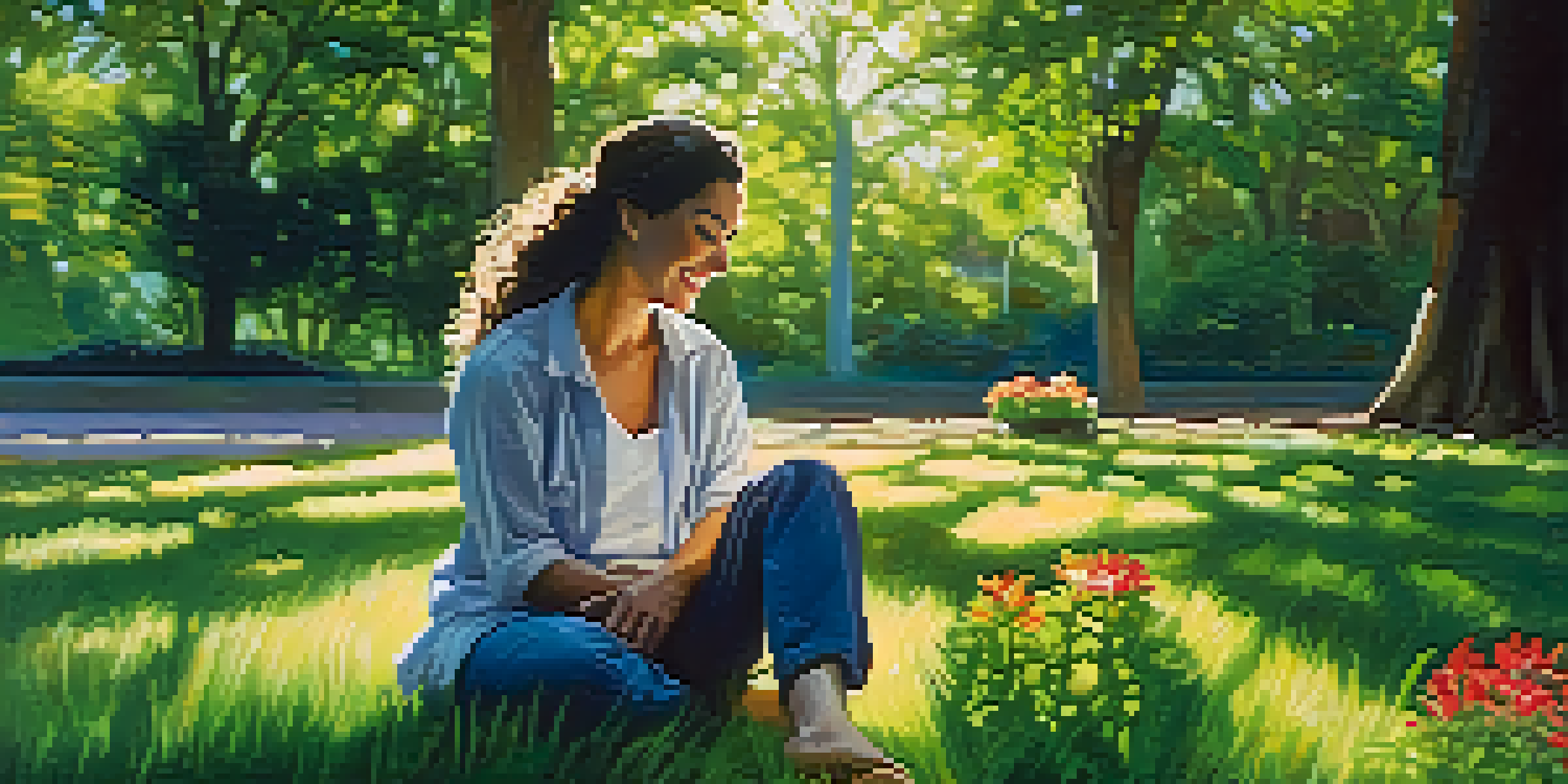 A person enjoying sunlight in a lush green park, smiling and surrounded by flowers.