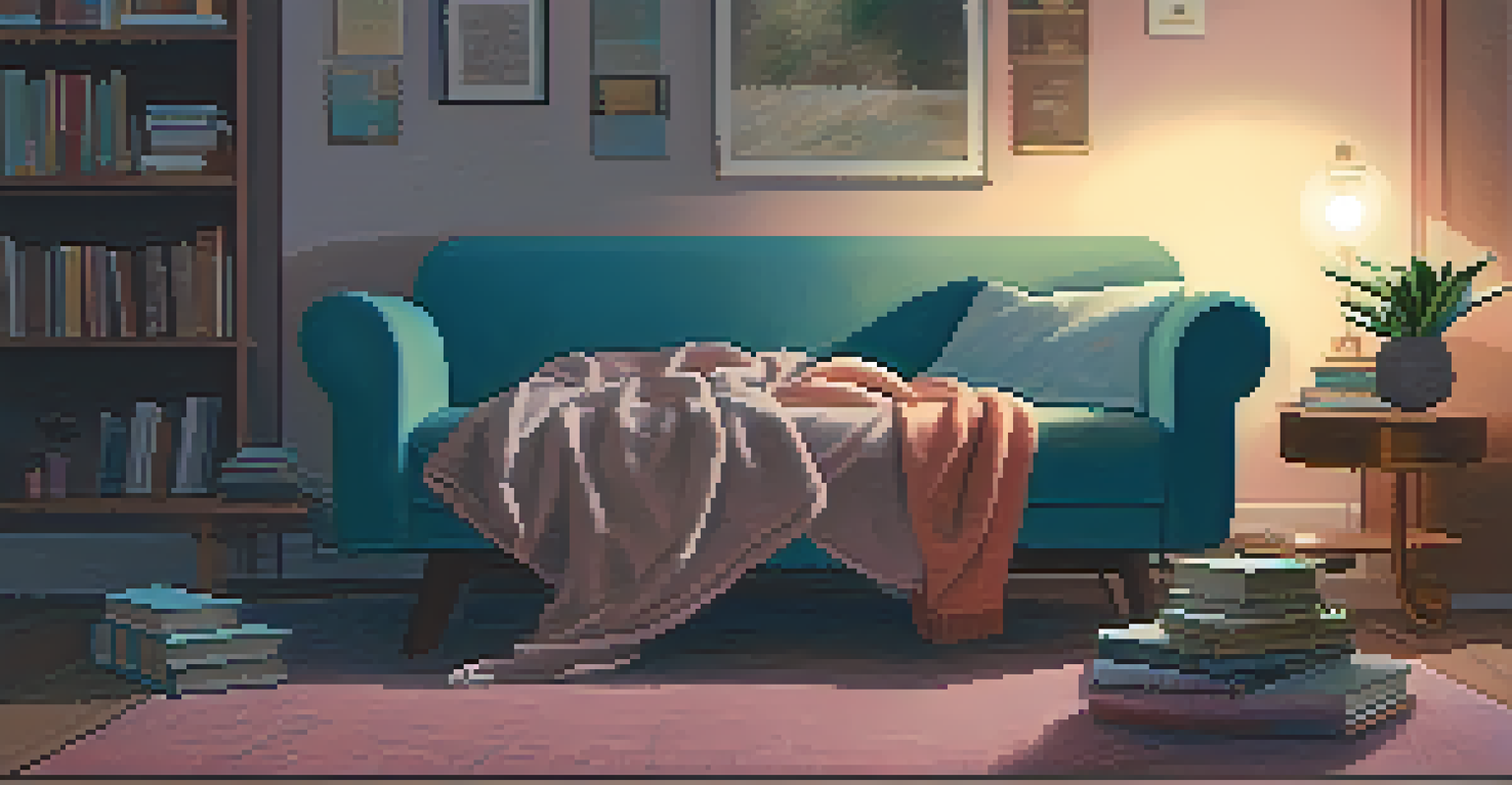 An individual napping on a couch, wrapped in soft blankets, in a peaceful room filled with calming colors and books, symbolizing rest and emotional healing.