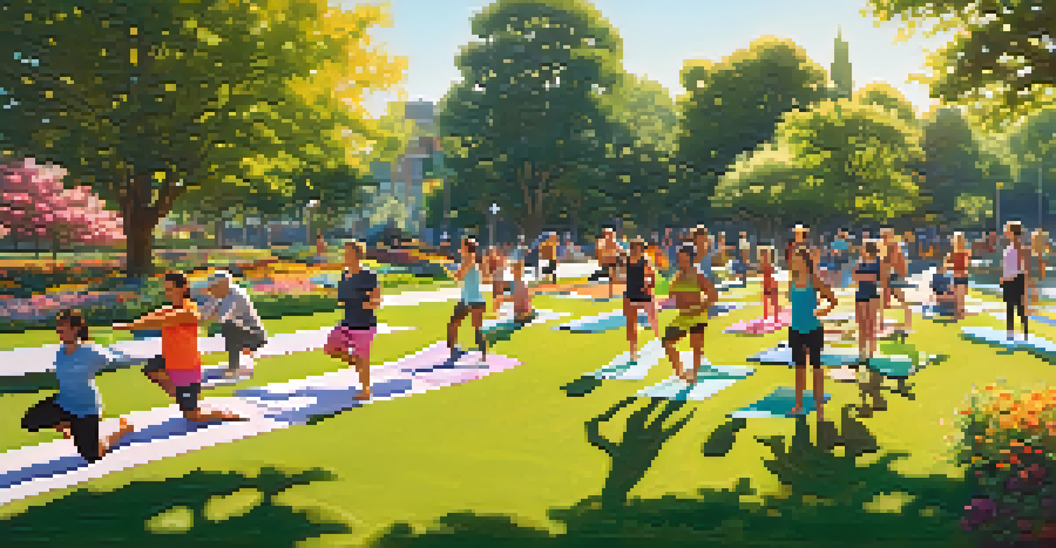 A diverse group of people exercising in a sunny park, illustrating various activities like running, cycling, and yoga amidst nature.