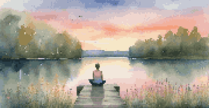 A peaceful lake with a person meditating on a dock, surrounded by trees and flowers during sunset.