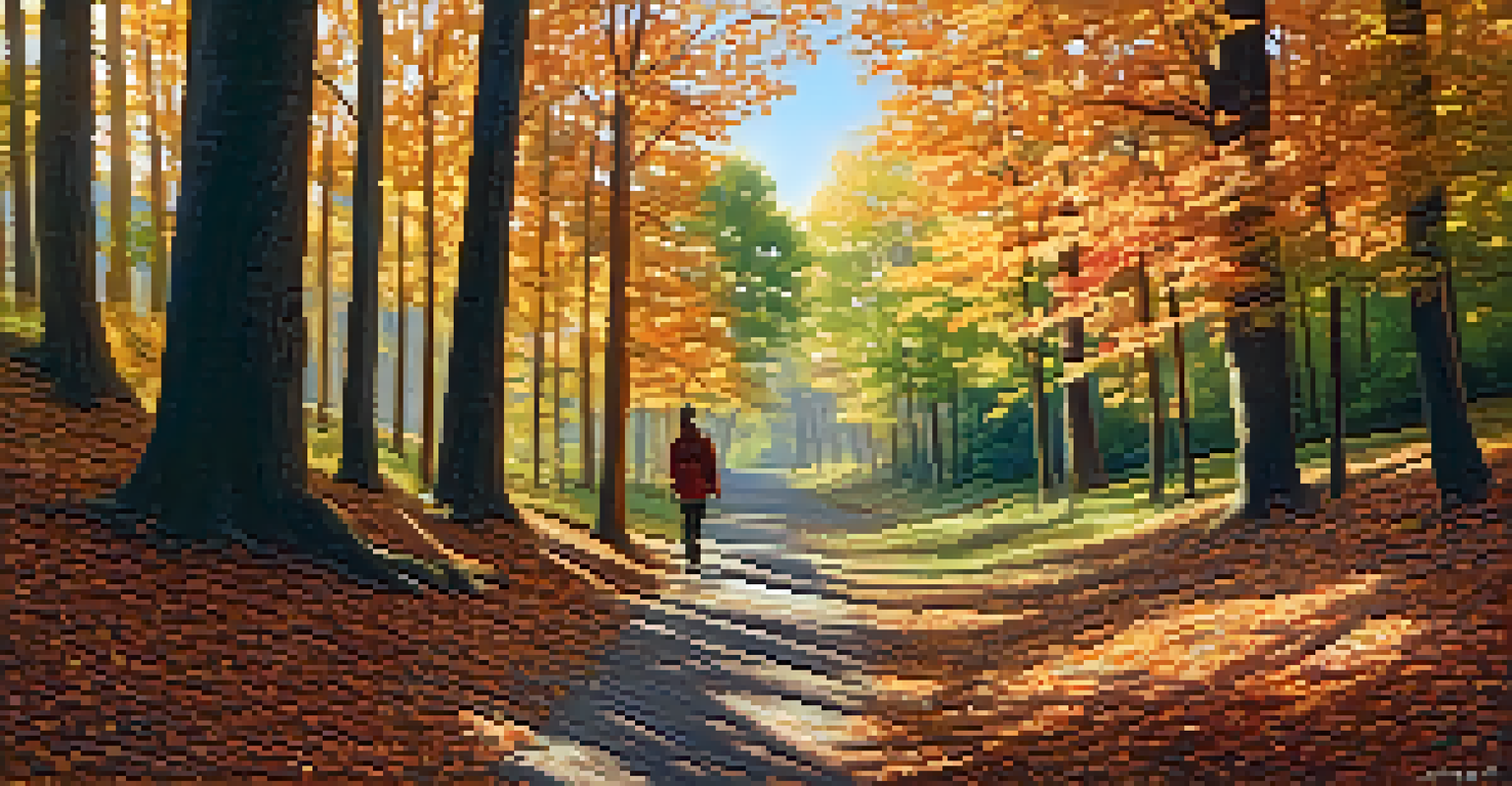 A person walking slowly on a forest path surrounded by colorful autumn leaves, with sunlight filtering through the trees.