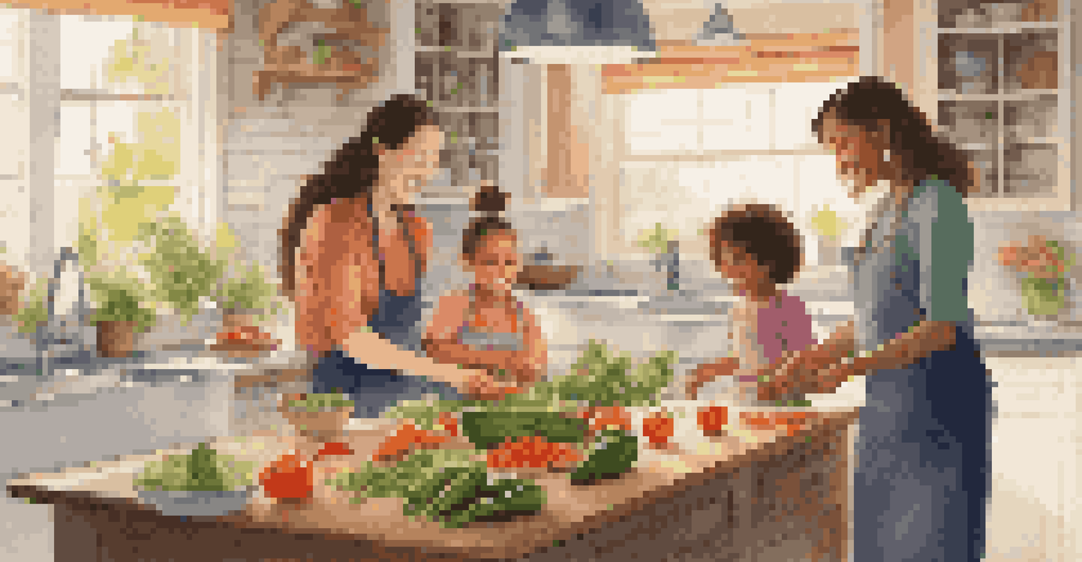 A family cooking together in a bright kitchen, preparing a healthy meal with fresh vegetables.