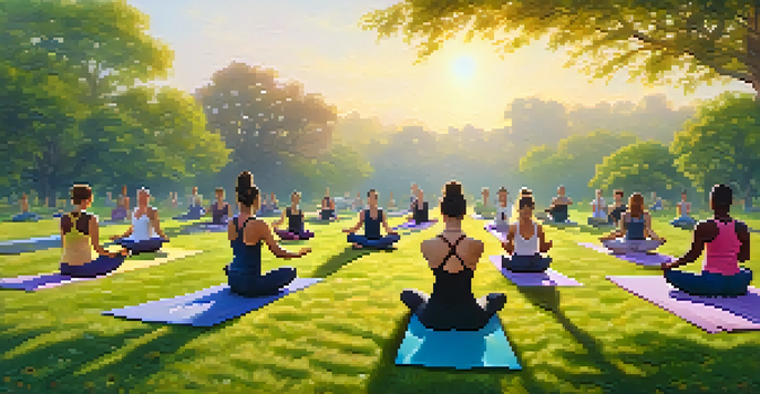 A diverse group of people practicing yoga in a park at sunrise, surrounded by greenery and flowers.